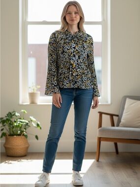 Dkny Black Floral Blouse with Yellow and White Print